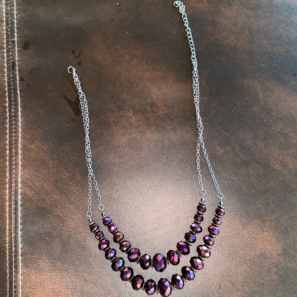 Unsigned Double Row Faceted Purple Beads and Silver Toned Chains Necklace Retro